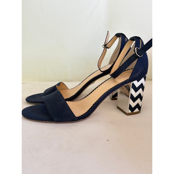 C Wonder Chevron Heels 9.5 Sandals Navy Blue White Coastal Nautical Prep Resort - Picture 2 of 7